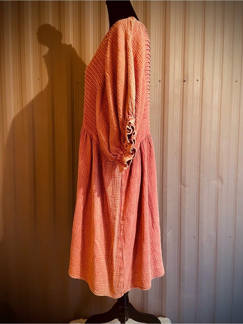 Easel Crinkle Gauze Dress Oversized Boho Midi Balloon Slv Clay Coastal Cottage L - Picture 6 of 13